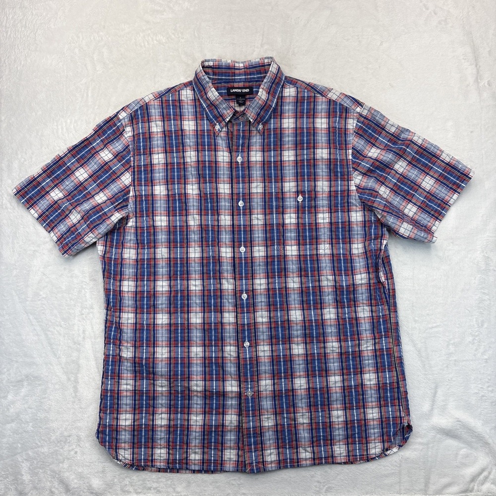 Lands' End Plaid Shirt Mens L Short Sleeve Prep Ivy League Style Cotton Button